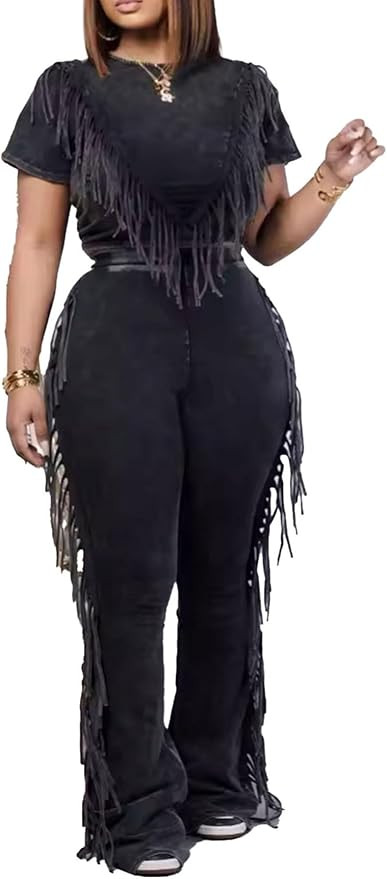 HuiSiFang Women 2 Piece Outfits Casual Y2K High Waist Straight Leg Fringe Sweatpants Set Tracksui... | Amazon (US)