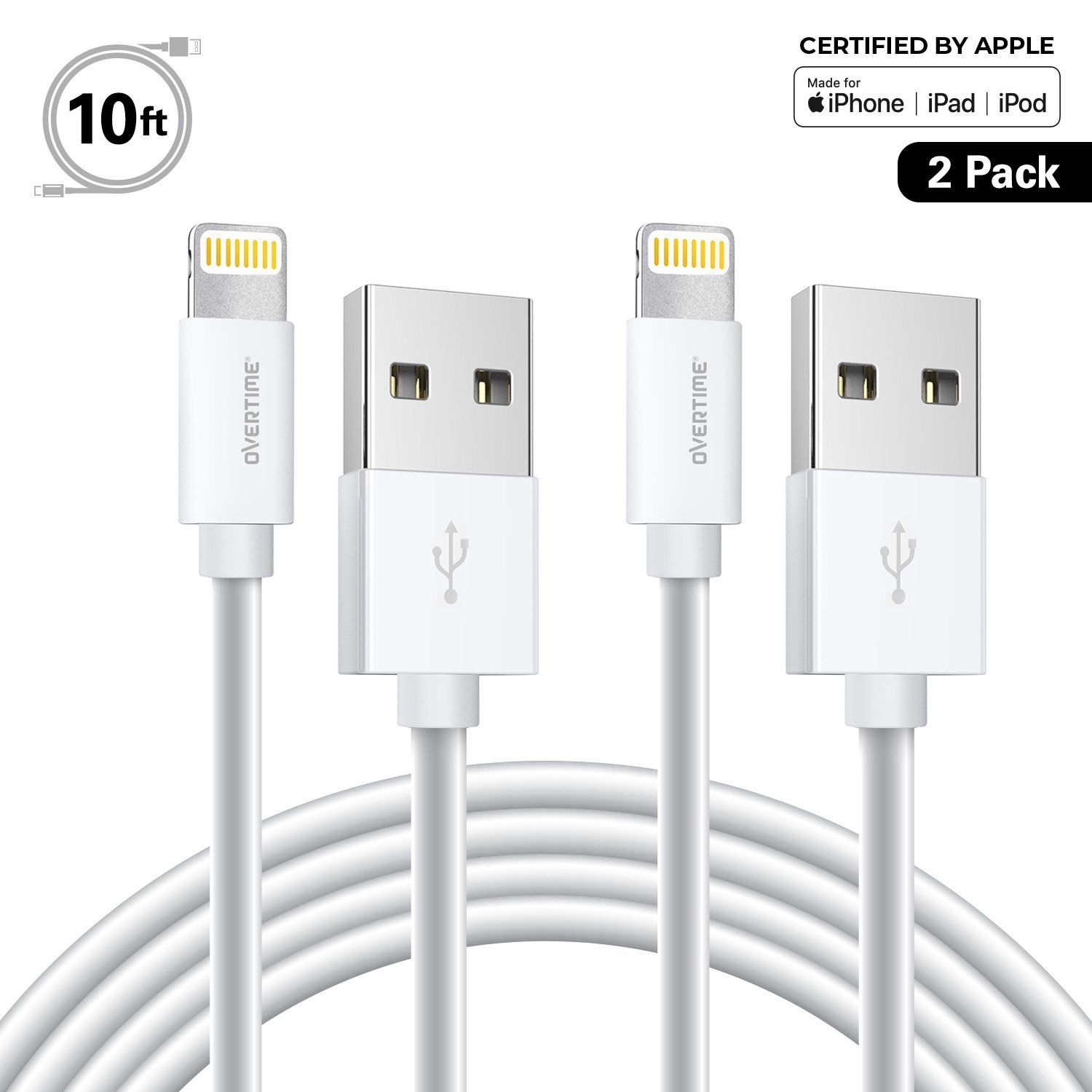 [2 Pack] Overtime MFI Certified Lightning To USB Cable 10 Ft, Phone Charger and Sync Cable - Whit... | Walmart (US)