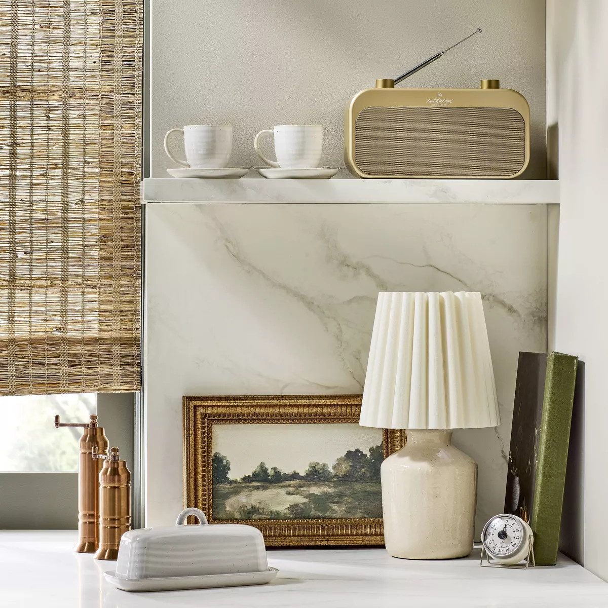 13.5" Rustic Ceramic Mini Kitchen Lamp with Pleated Plaid Shade Cream - Hearth & Hand™ with Mag... | Target