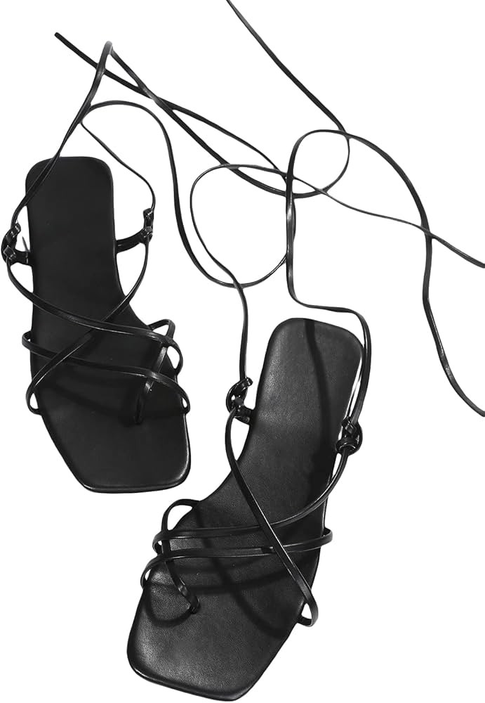 GORGLITTER Women's Lace Up Strappy Toe Ring Flat Sandals Tie Leg Leather Sandals | Amazon (US)