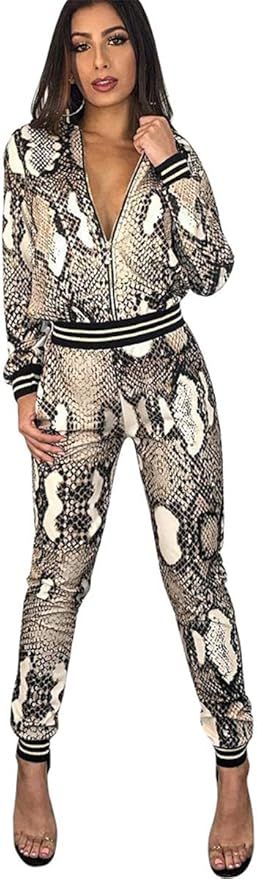 Women's 2 PCS Snake Skin Printed Jackets Bodycon Pants Sexy Nightclub Party Tracksuit Outfits Set | Amazon (US)