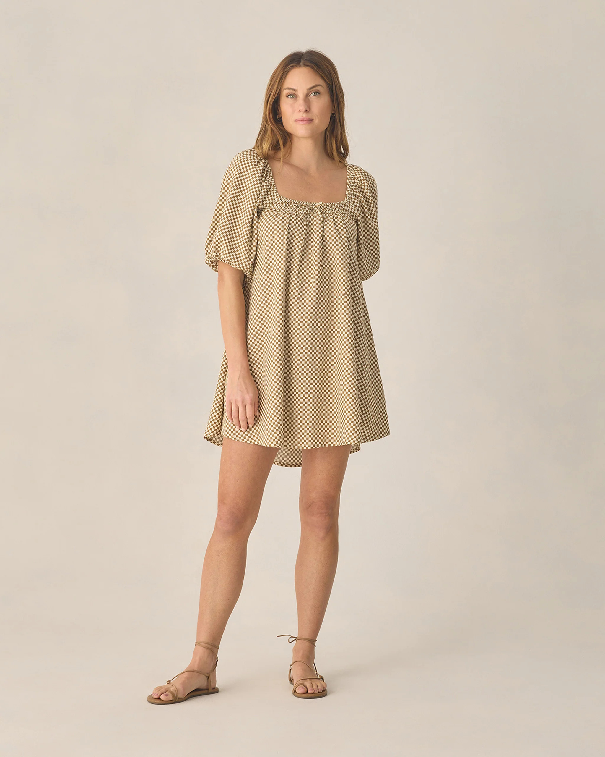 Women's Sabrina Mini Dress Ocre Check | Rylee + Cru