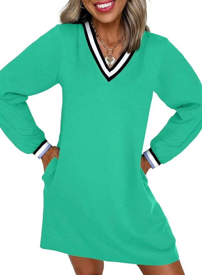 EVALESS Womens Dresses 2025 Fall V Neck Long Sleeve Casual Tshirt Dress Spring Contrast Striped S... | Amazon (US)