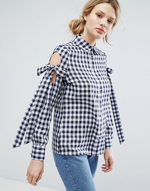 Lost Ink Gingham Shirt With Tie Up Bow Cold Shoulders | ASOS US