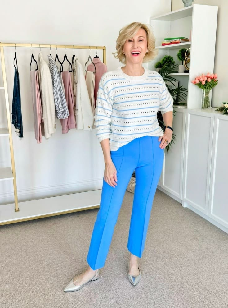 There’s just something about blue and white that always feels fresh and classic 💙🤍

I paired this striped sweater from Ann Taylor with my favorite blue pants from Spanx and finished the look with silver ballet flats for a little shine. It’s polished, comfortable, and easy — basically my everyday style formula.

I love how the structured pants balance the softness of the sweater, and the silver flats add just enough personality without overpowering the look. Effortless but intentional ✨

#LTKootd #LTKSeasonal #LTKOver40
