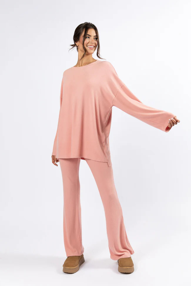 The Perfect Coral Brushed Rib Flare Pants Set | Pink Lily