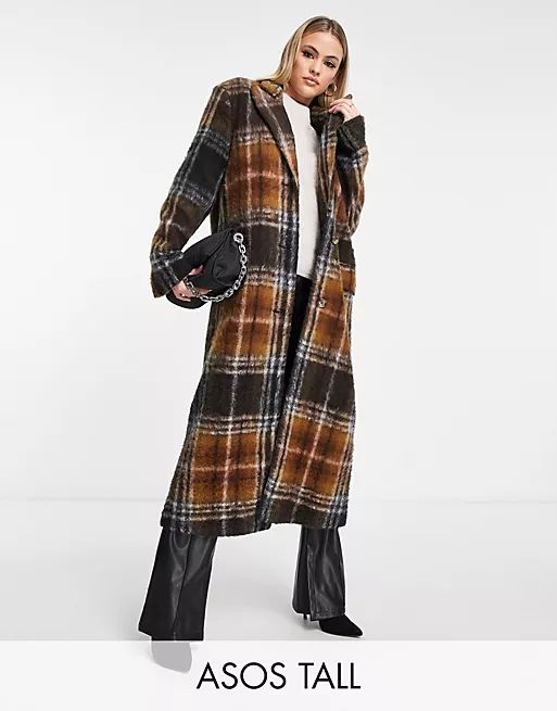 ASOS DESIGN Tall dad wool mix coat in brushed check in brown | ASOS (Global)