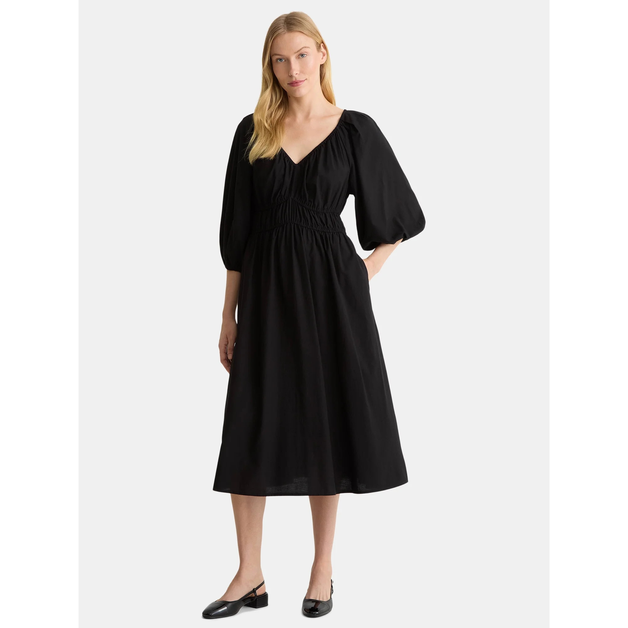 Time And Tru Women's Cinch Waist Midi Dress with Puff Sleeves, Sizes XS-XXXL - Walmart.com | Walmart (US)