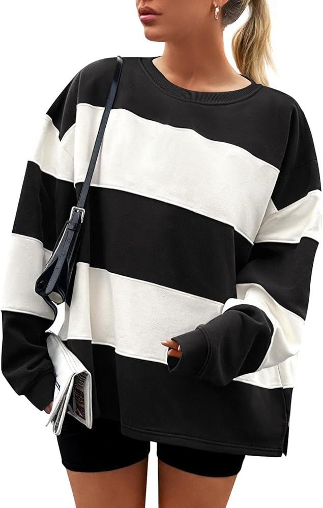 ZESICA Women's Fall Sweatshirt Tops Crewneck Long Sleeve Loose Oversized Striped Fleece Pullover ... | Amazon (US)