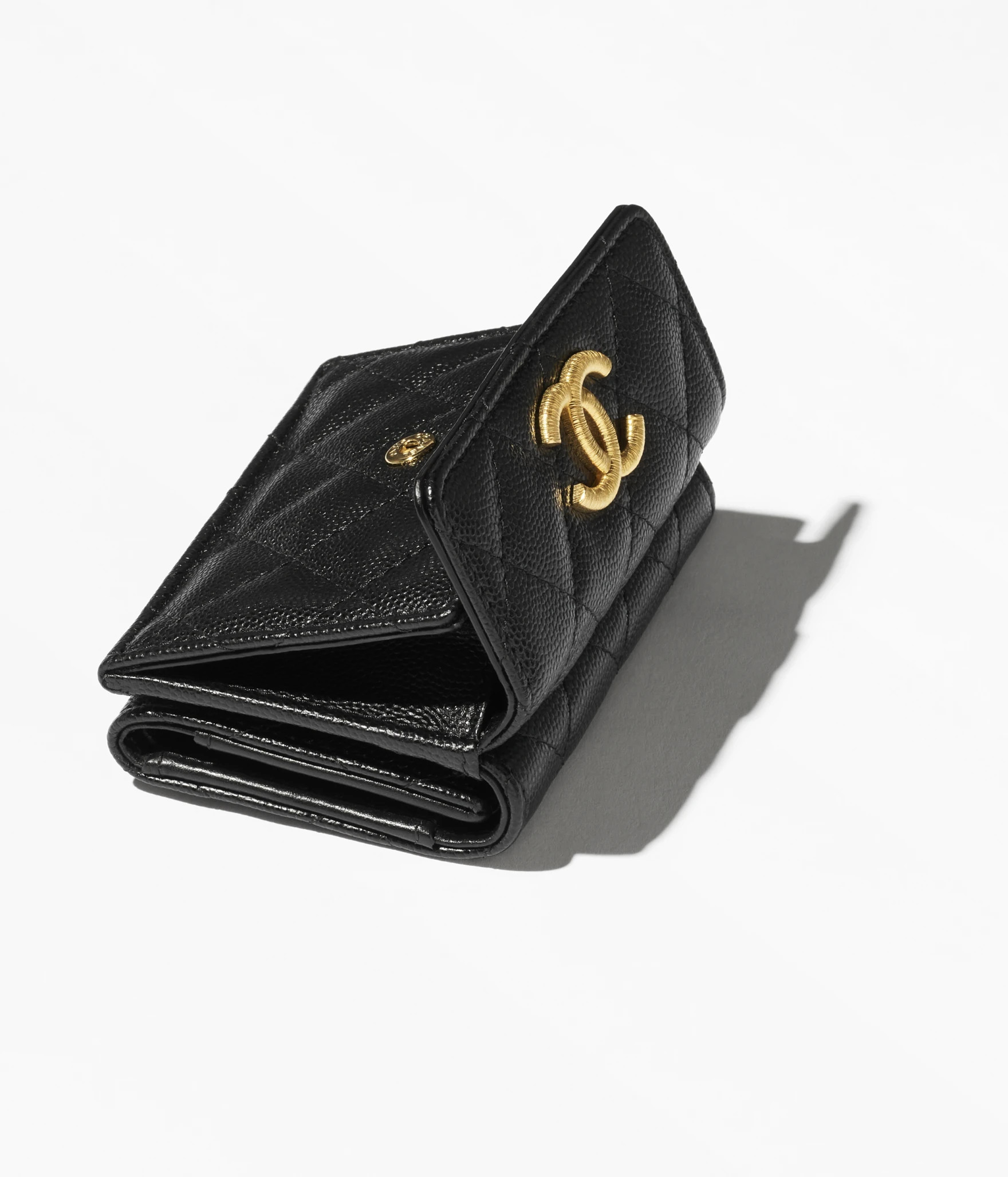 Small flap wallet - Grained shiny calfskin & gold-tone metal, black — Fashion | CHANEL | Chanel, Inc. (US)