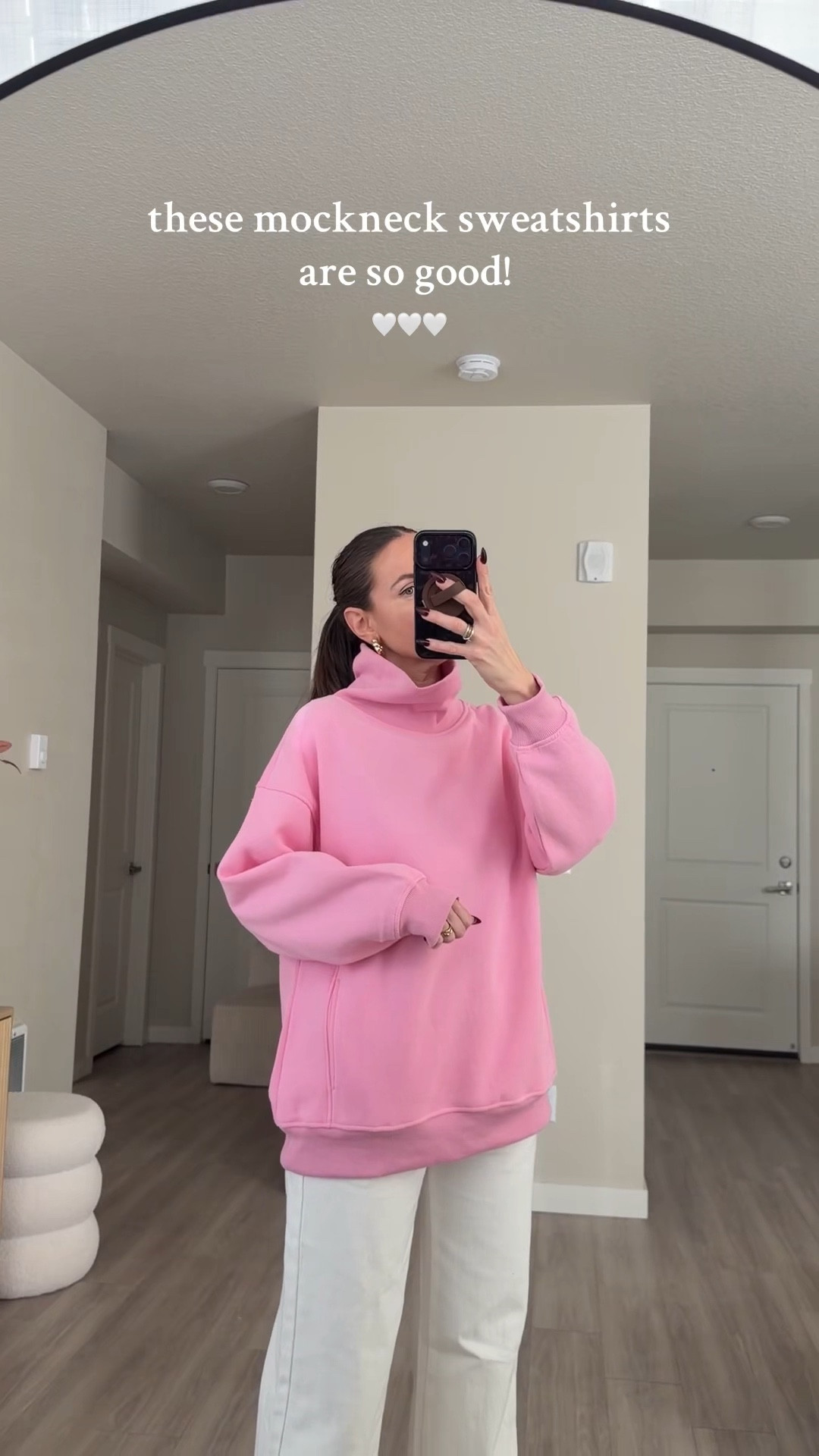 funnel neck sweater.  i'm 5'7 and wearing medium 

got it in four colors to try on .  many more colors available #funnelnecksweater #mocksweater #oversizedsweater