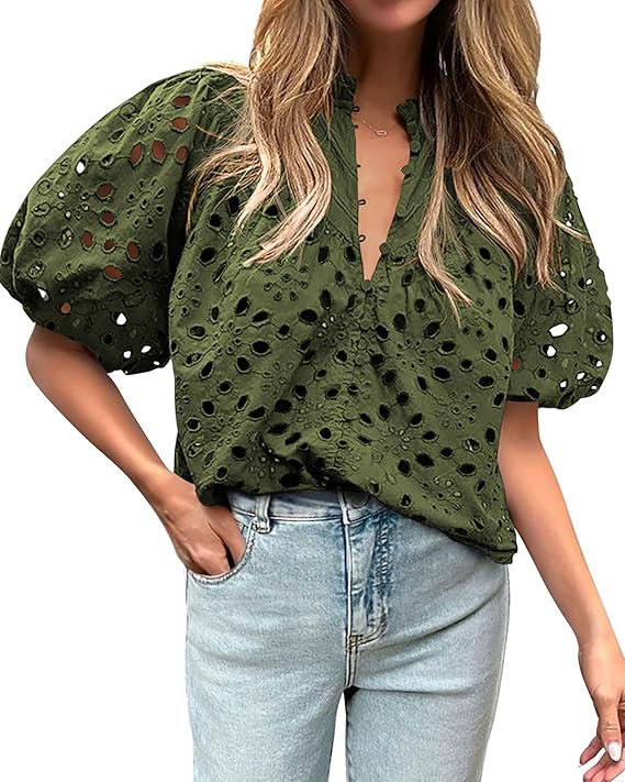 BTFBM Womens Blouses Summer Hollow Out Eyelet Embroidery Tops V Neck Buttons Puff Sleeve Boho Shi... | Amazon (US)