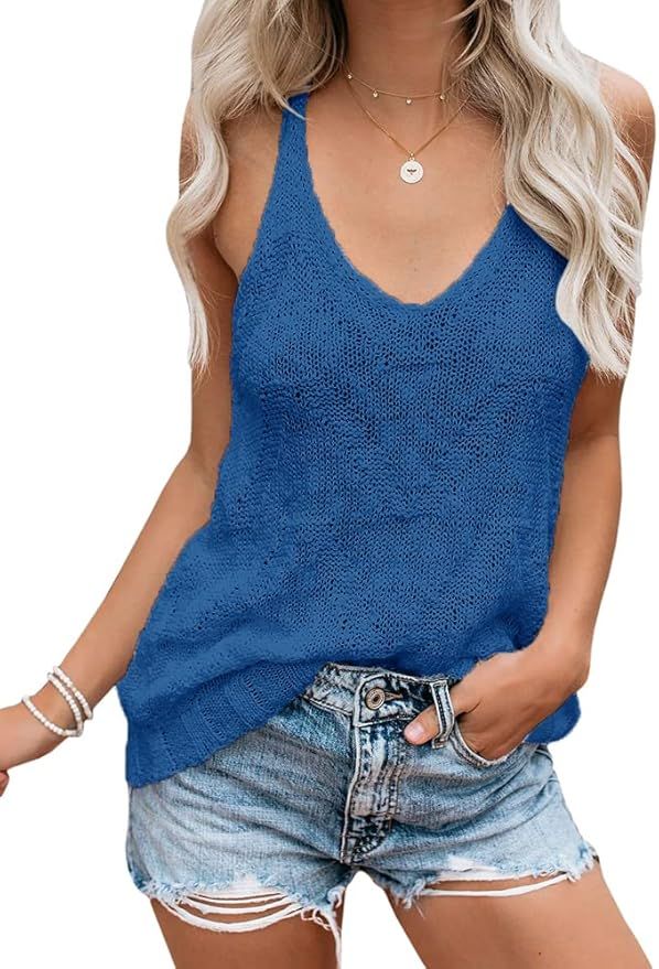 Ybenlow Womens Summer Knit Racerback Tank Tops V Neck Sleeveless Sweater Casual Sheer Vest Shirt ... | Amazon (US)