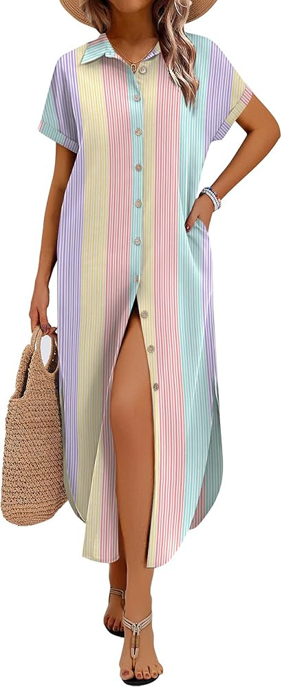 Zeagoo Womens Dresses Casual Summer Short Sleeve Button Down Long Shirt Dresses Swimsuit Beach Co... | Amazon (US)