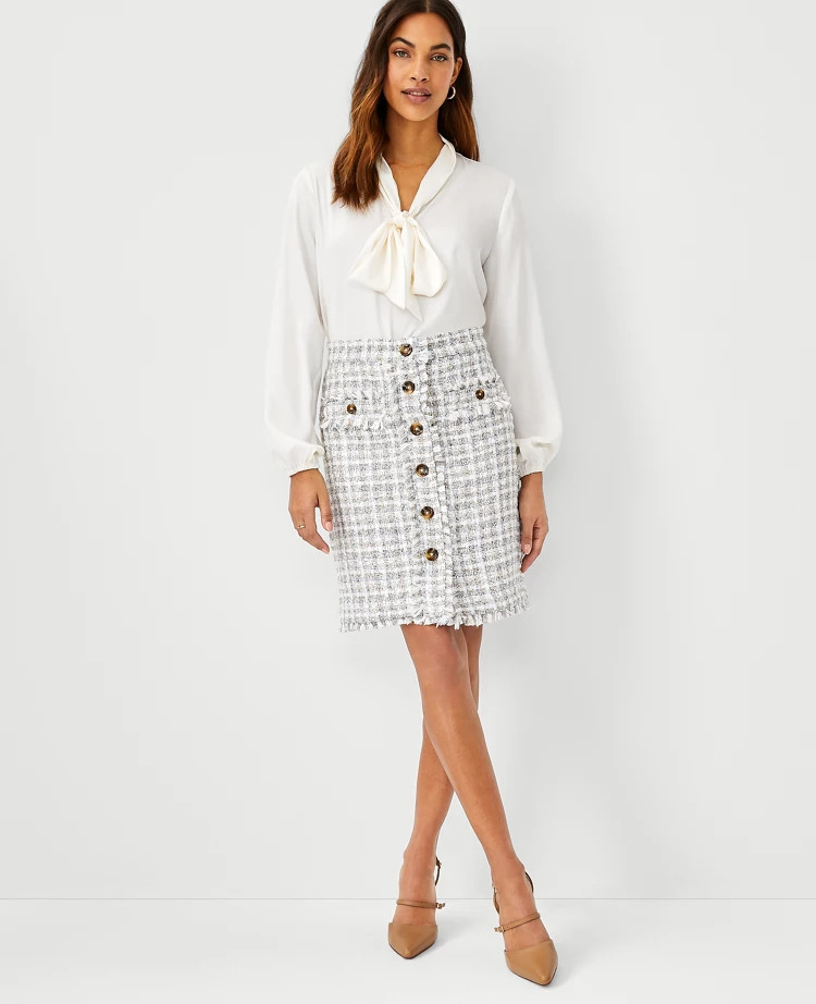 Petite Fringe Tweed Button Skirt | Ann Taylor (US)