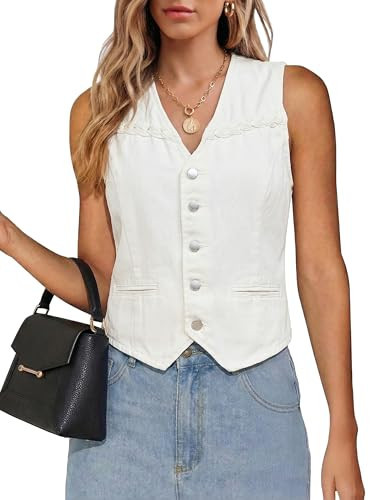luvamia White Vest Women Womens Jean Vest Top Cream White X-Large Fits Size 16-18 | Amazon (US)