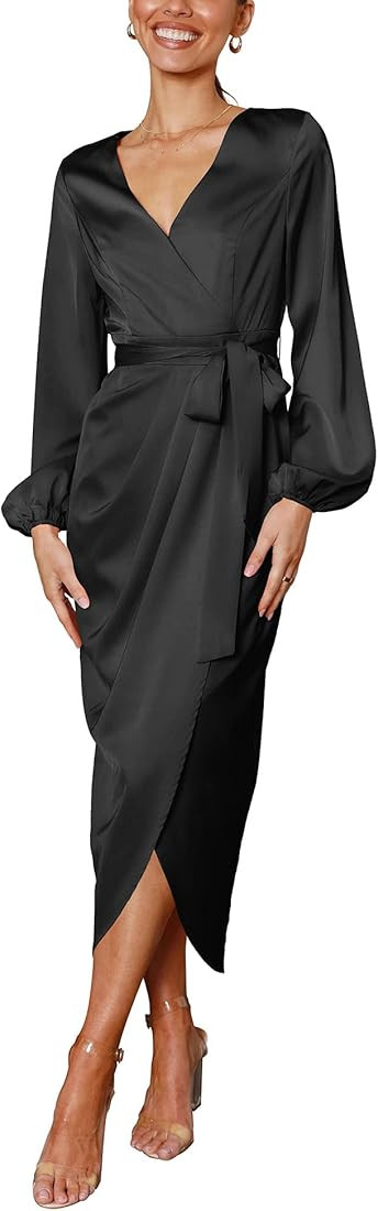 Women Satin Dress Deep V-Neck Long Sleeve Tie Waist Split Midi Dresses | Amazon (US)
