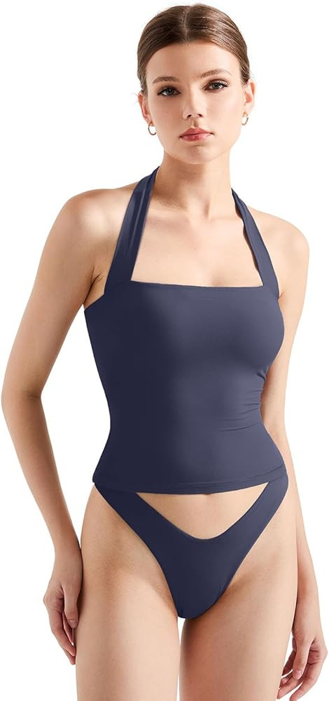 SUUKSESS Women Double Lined Halter Going Out Tops Open Back Basic Cami Tank Tops | Amazon (US)