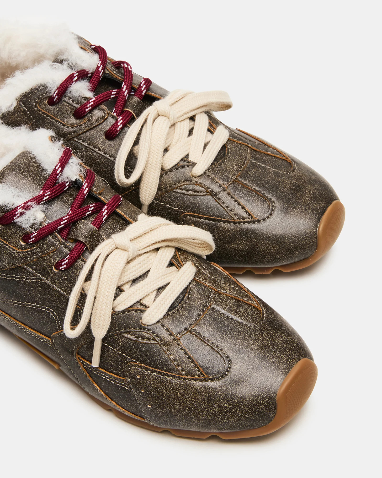 AZIEL Faux Fur Brown Distressed Low-Top Lace-Up Women's Sneakers | Steve Madden (US)