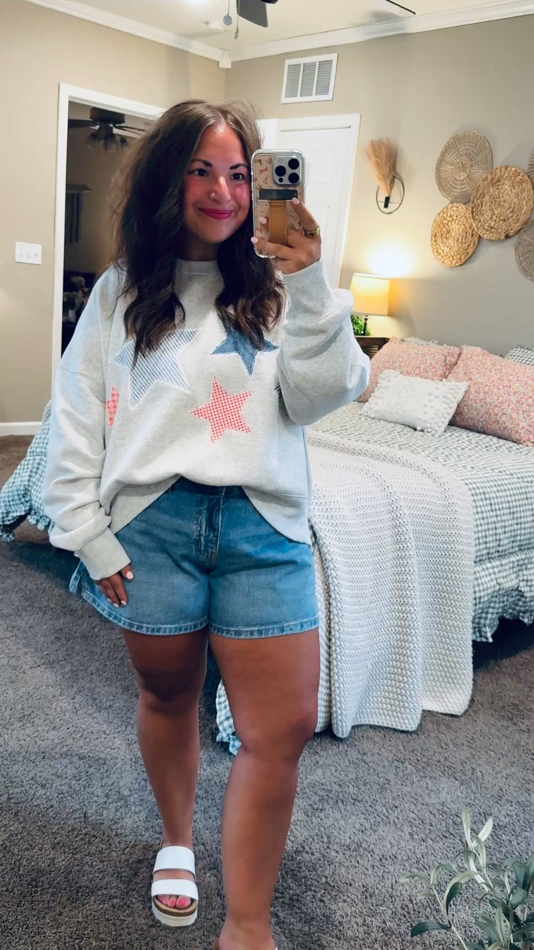 Red, white, and cute, this star crewneck + shorts combo is the comfiest way to show a little patriotic style—perfect for summer nights, ball games, and all the casual plans!

sandals: fit true to size // wearing a 5
denim shorts: fit true to size // wearing a 14
crewneck: fits true to size (cropped fit) // wearing an XL 

 #LTKootd #LTKMidsize