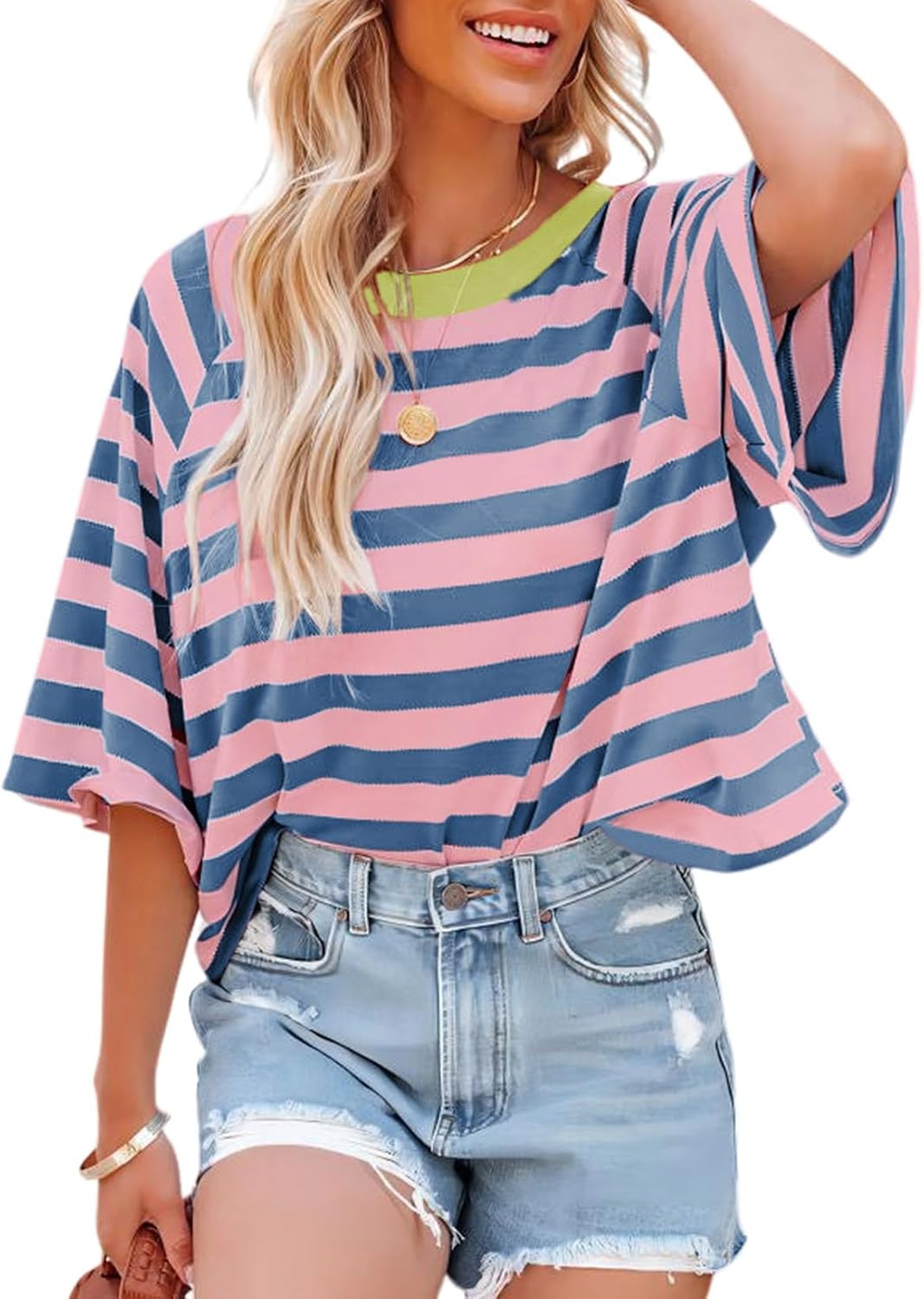 Dokotoo Tops for Women Striped T Shirts Color Block 2026 Summer Basic Tee | Amazon (US)