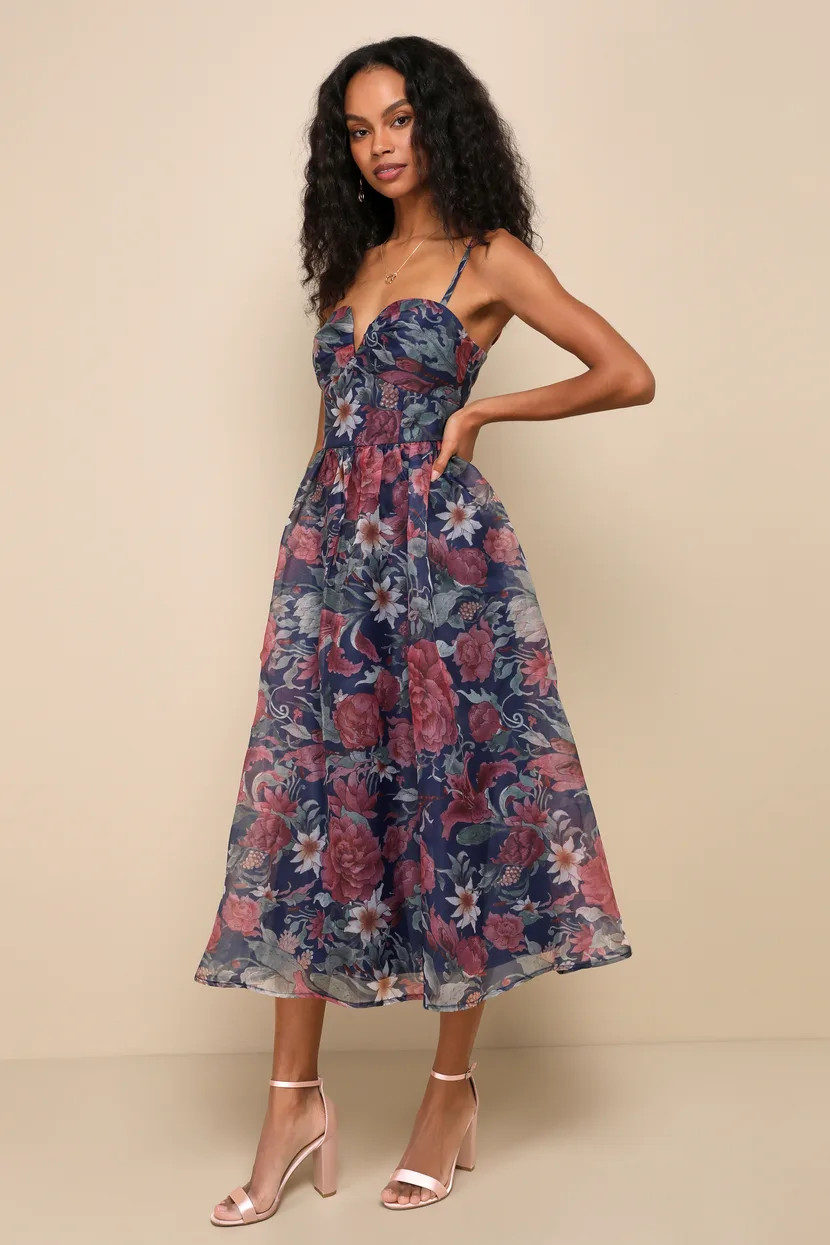 Cherished Aura Navy Blue Floral Organza Bustier Midi Dress | Lulus
