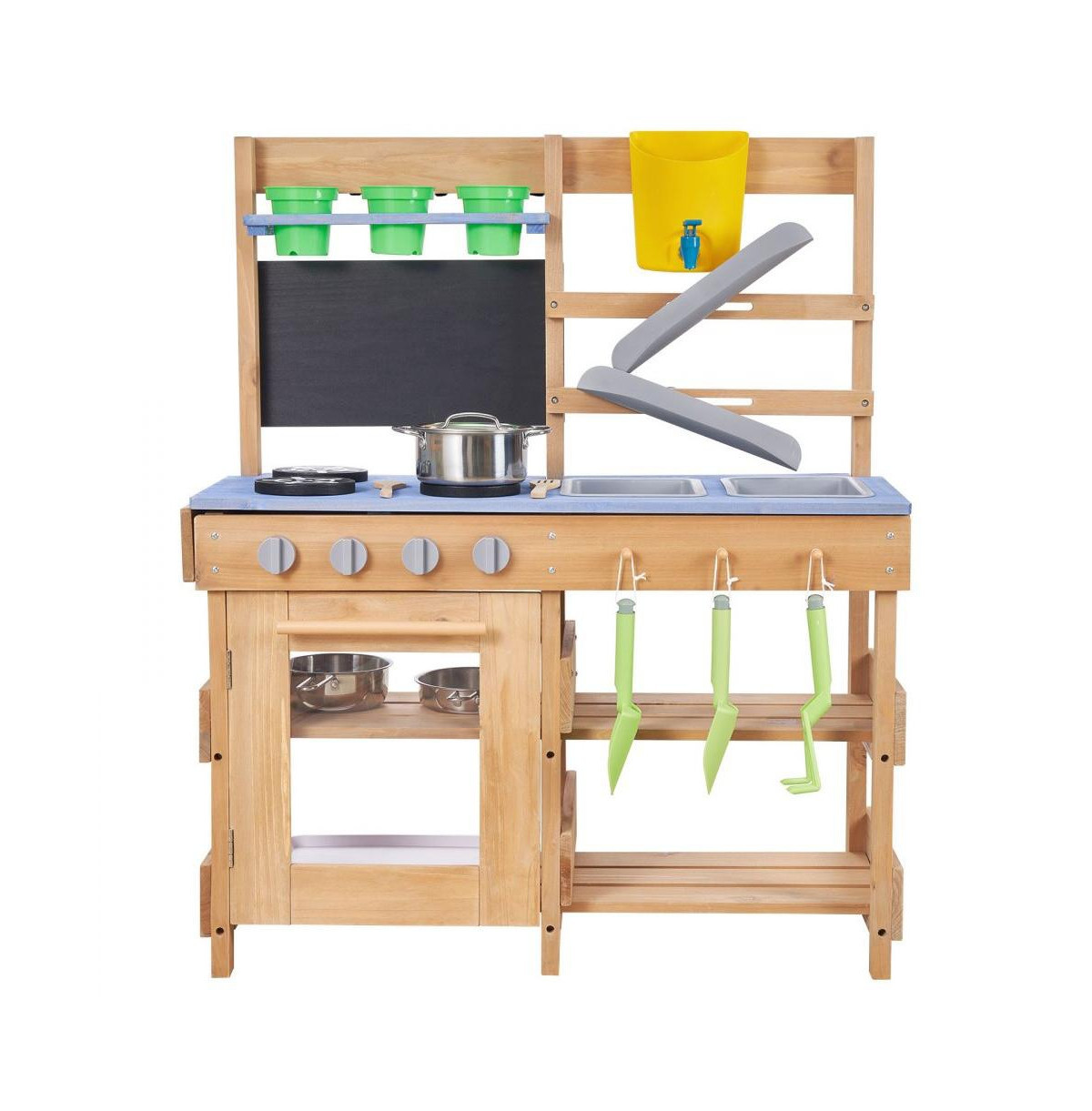 Slickblue Wooden Outdoor Mud Kitchen with Stoves, Hooks, and Cookware - Blue, Brown | Macy's
