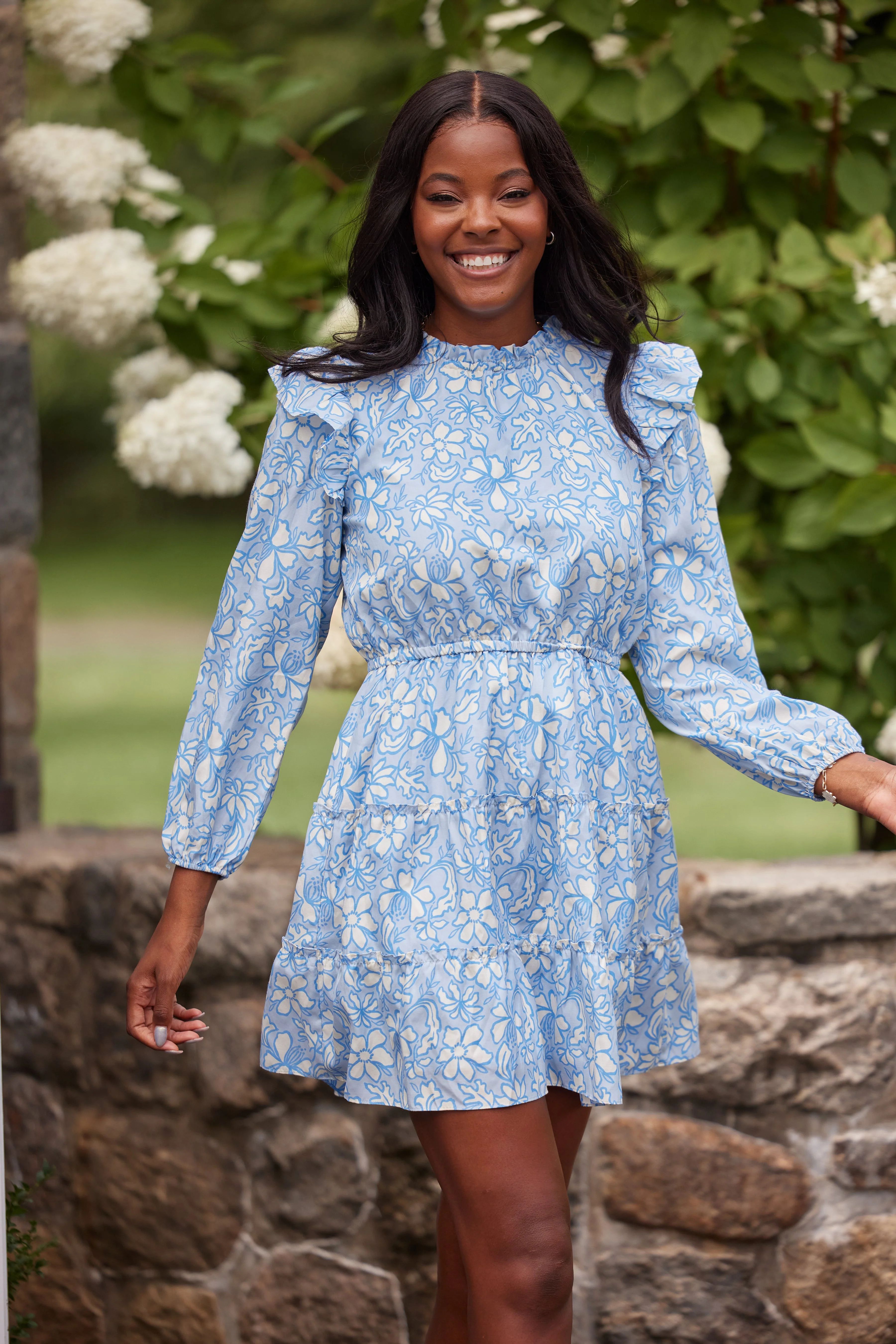 Periwinkle Floral Long Sleeve Ruffle Front Dress | Sail to Sable