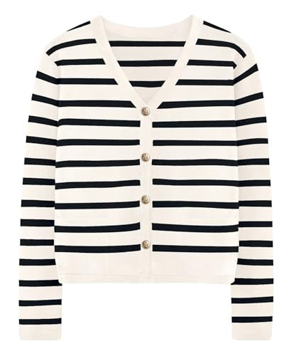 IEEILULU Women's Striped Cardigan Sweaters - Long Sleeve Button Down V Neck Knit Cardigans Classic Casual Tops for Women Beige Black Stripe M | Amazon (US)