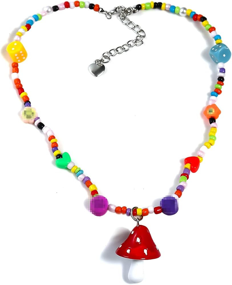 Amazon.com: Colorful Fresh Mushroom Heart Rainbow Beaded Pendant Necklace Resin Choker for Women ... | Amazon (US)