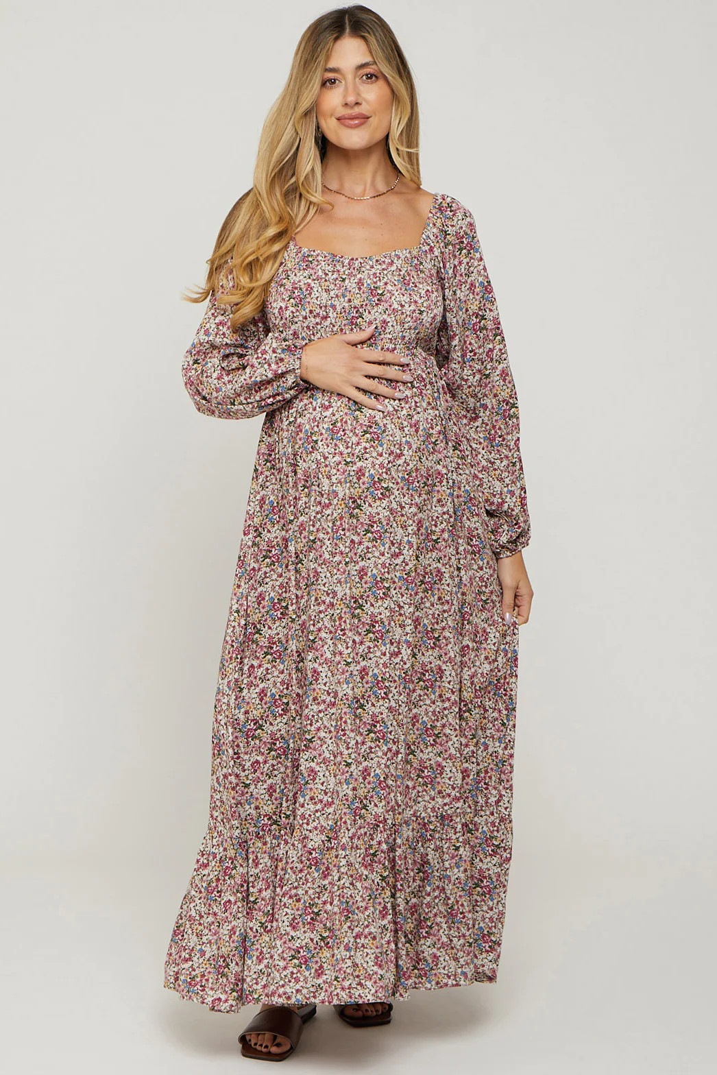 Mauve Floral Long Sleeve Maternity Maxi Dress | PinkBlush Maternity