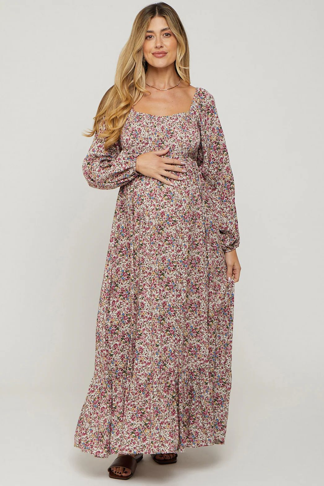 Mauve Floral Long Sleeve Maternity Maxi Dress | PinkBlush Maternity