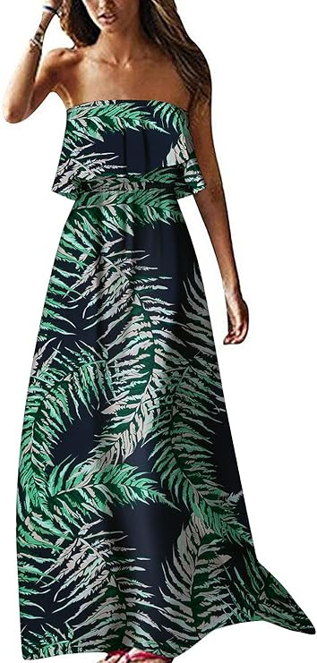 ZMPSIISA Women's Summer Off The Shoulder Maxi Dress Ruffle Strapless Blue White Porcelain Boho Ca... | Amazon (US)