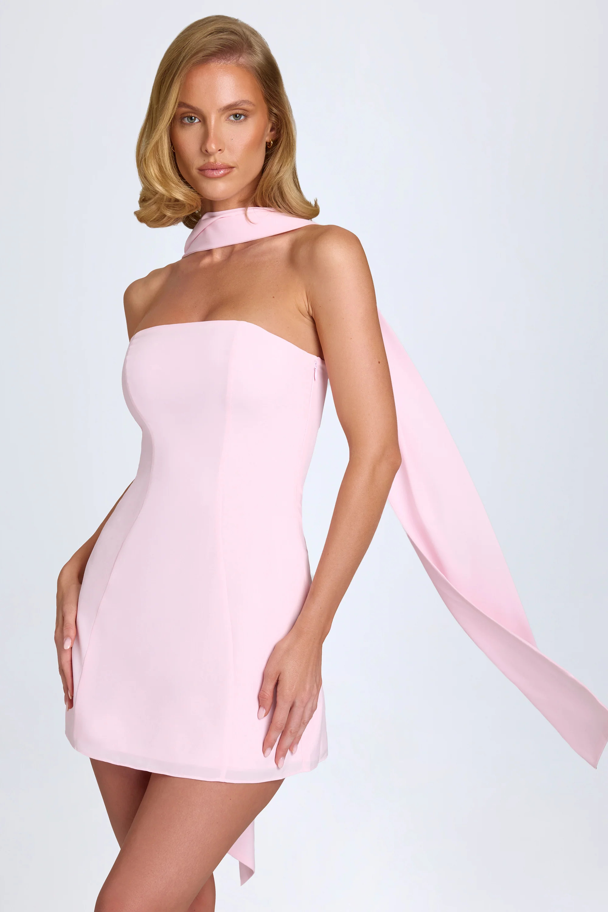 Scarf-Detail A-Line Mini Dress in Blush | Oh Polly