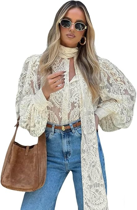Lace Tops for Women Trendy Bishop Sleeve Blouse with Long Attached Scarf Business Casual Tops | Amazon (US)
