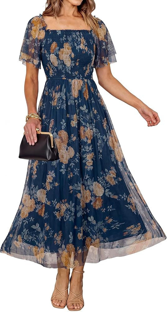 Simplee Womens Floral Maxi Dresses 2026 Summer Square Neck Mesh Short Sleeve Smocked Boho Flowy W... | Amazon (US)