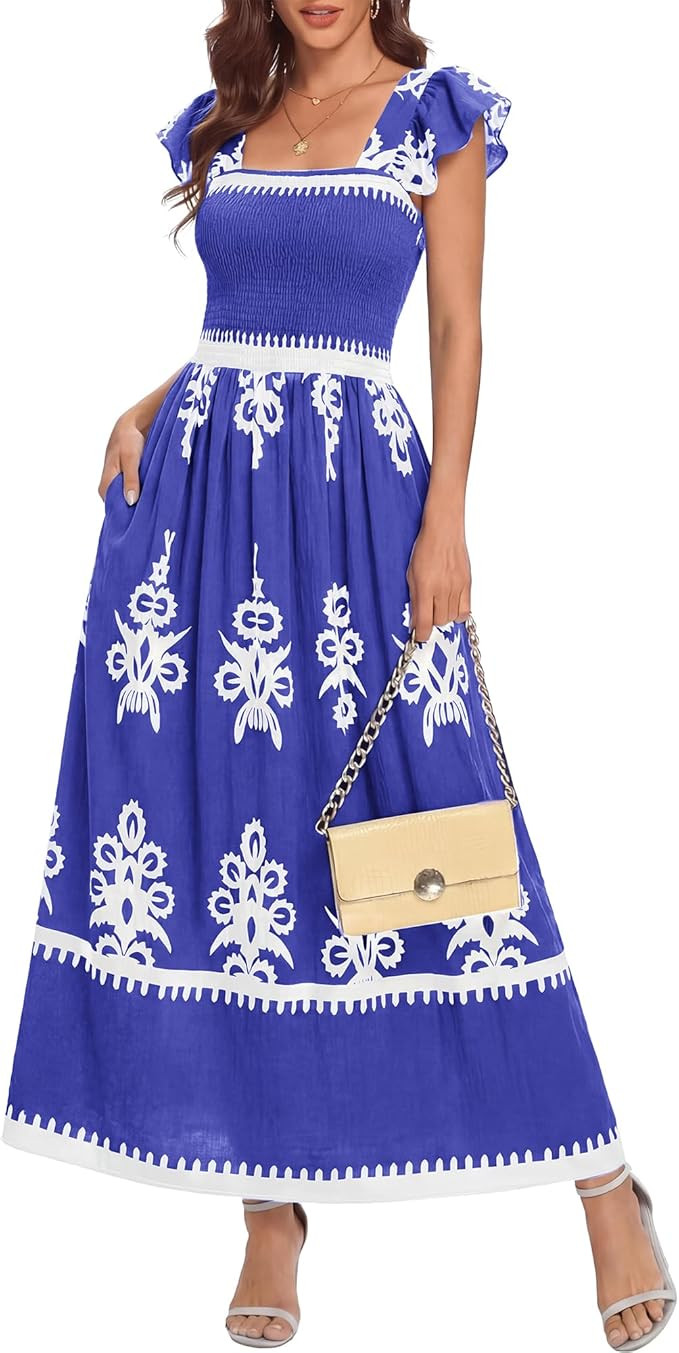 BTFBM Summer Dresses for Women 2026 Casual Floral Boho Sleeveless Square Neck A Line Flowy Beach ... | Amazon (US)