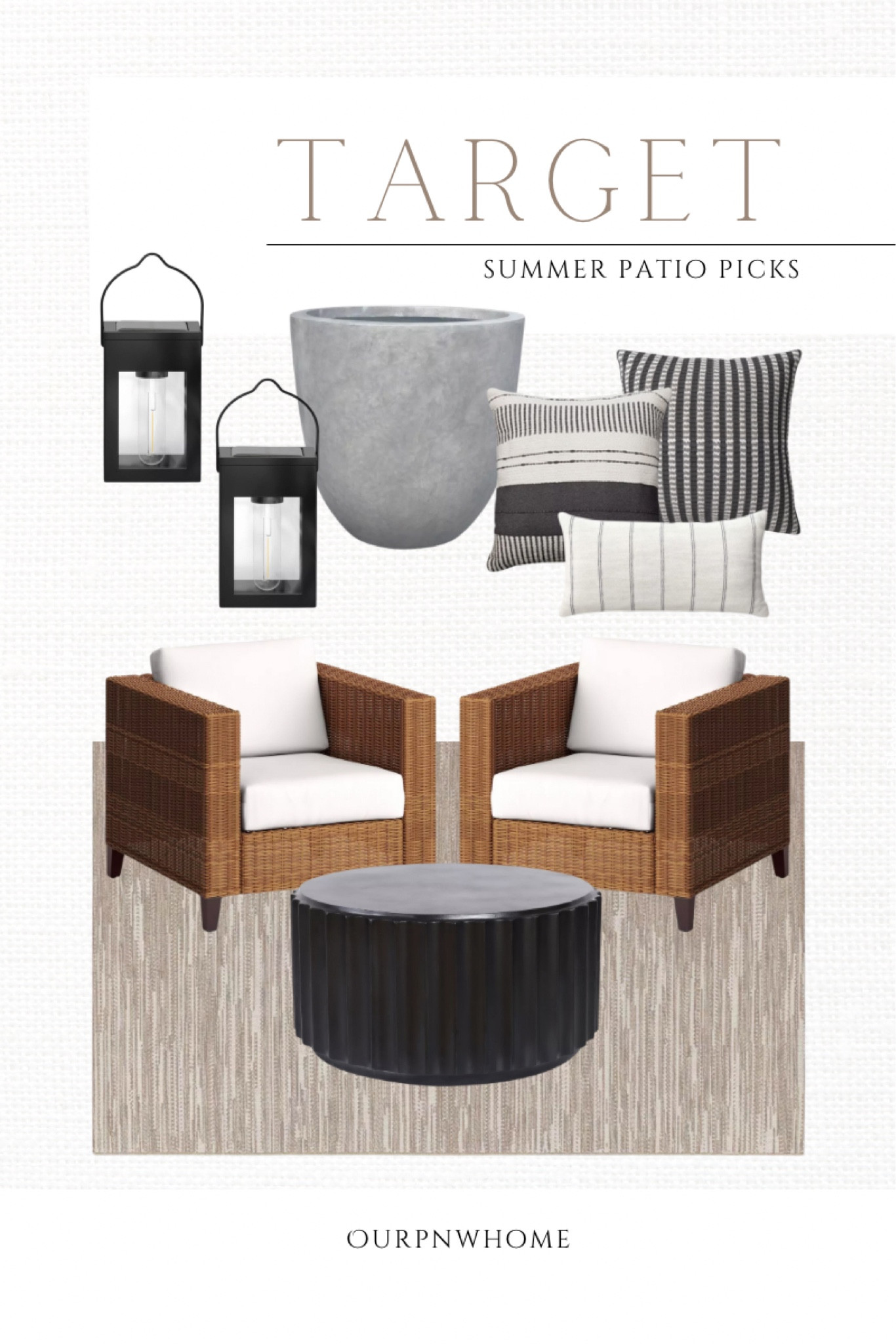 Target patio picks 🎯

Outdoor area rug, wicker chair, outdoor accent chairs, patio chairs, black concrete table, round patio table, outdoor throw pillows, patio accent pillows, Target home, concrete planters, outdoor planter pot, outdoor lanterns, lantern lights, hanging lanterns, modern patio patio

#LTKstyletip #LTKSeasonal #LTKhome