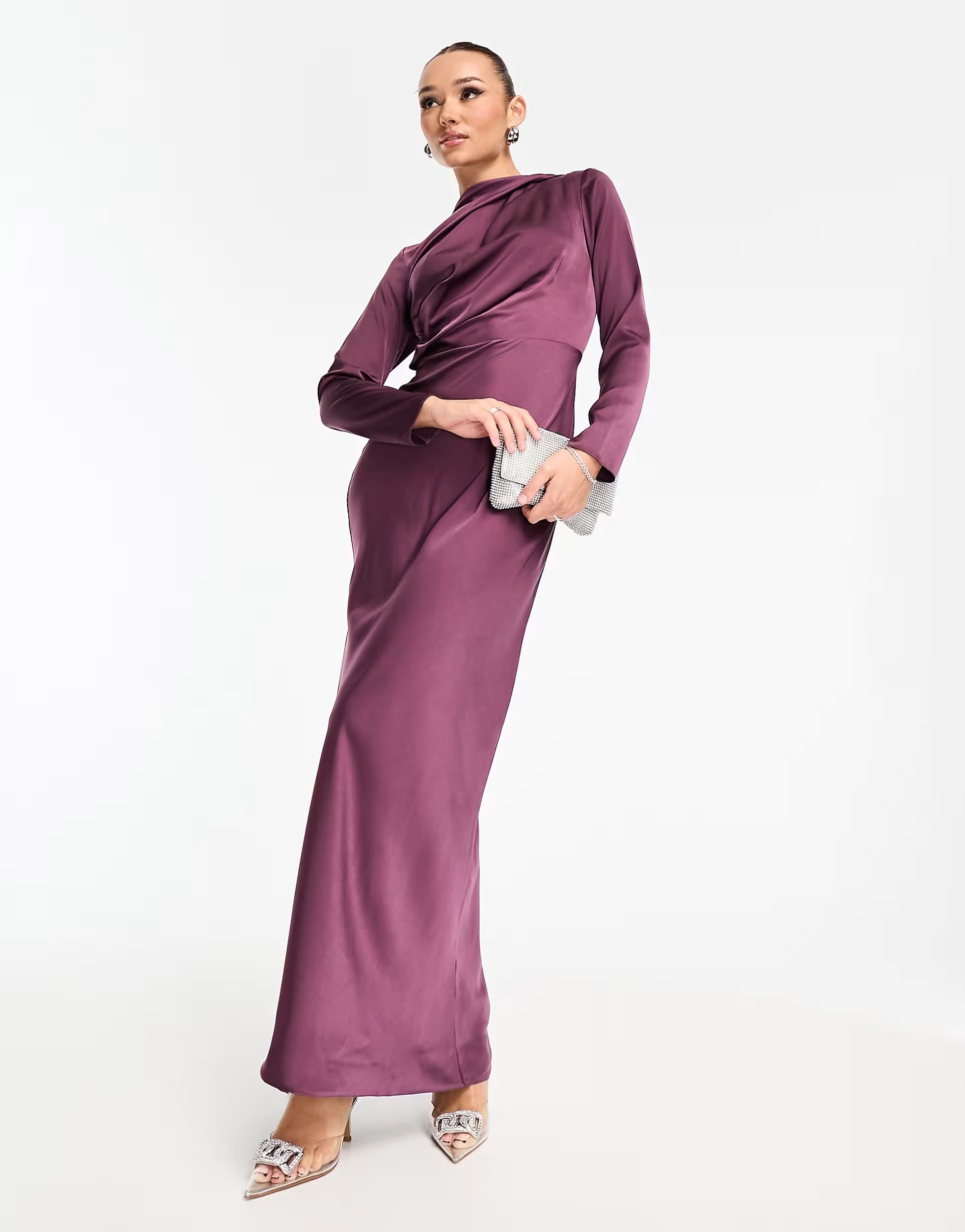 ASOS DESIGN satin button shoulder maxi dress with drape bodice detail in purple | ASOS (Global)