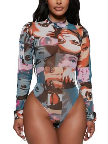 AVZXSA Women's Printed Mesh Long Sleeve Bodysuit, Sexy One Piece with Mock Neck Snap Crotch Leotard Top Fine Art Medium | Amazon (US)