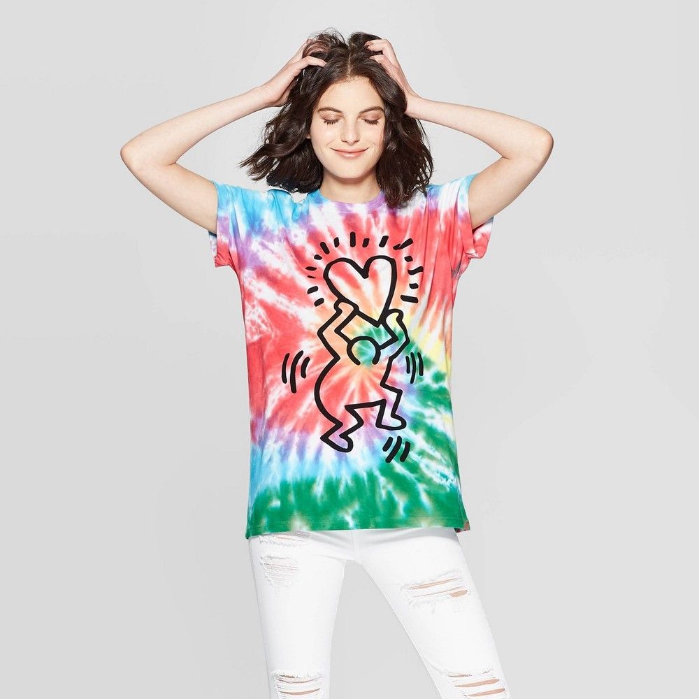 petiteWomen's Keith Haring Short Sleeve Heart Graphic T-Shirt - Mighty Fine (Juniors') - Tye Dye XS, MultiColored | Target