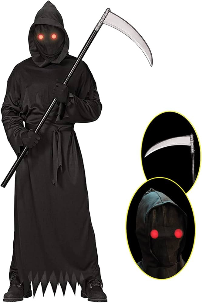 Grim Reaper Halloween Costume with Glowing Red Eyes for Kids, Scythe Included | Amazon (US)