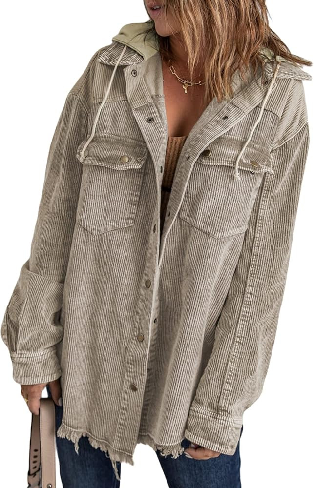 Dokotoo Womens 2023 Fall Corduroy Shacket Jacket Long Sleeve Button Down Color Block Hooded Coat ... | Amazon (US)