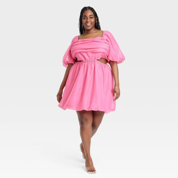 Women's Puff Short Sleeve Cut Out Bubble A-Line Dress - A New Day™ Pink | Target