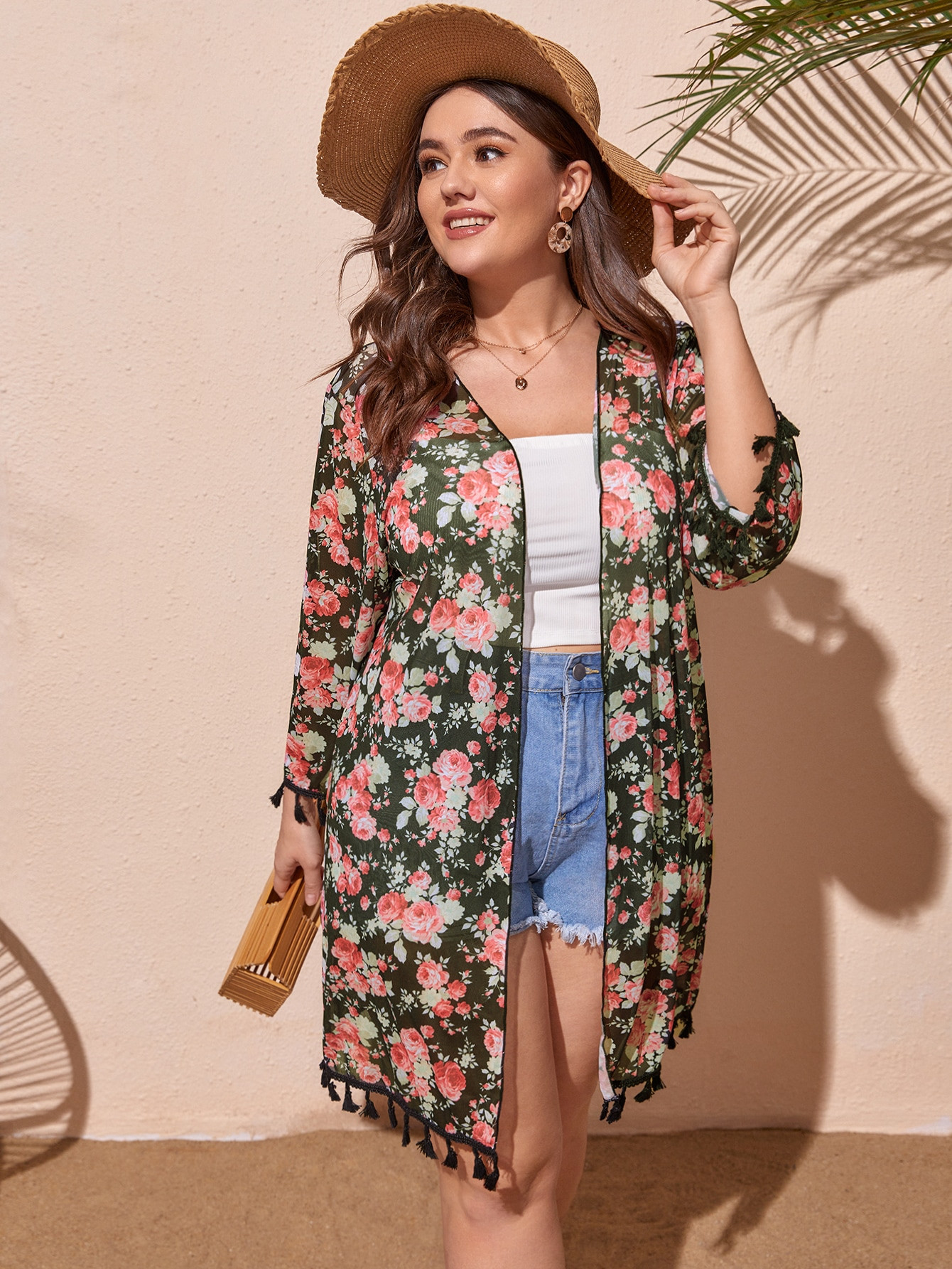 Plus Allover Floral Tassel Trim Kimono | SHEIN