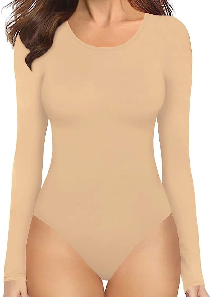 MANGOPOP Women's Round Collar Clothing Short Sleeve Long Sleeve Tops T Shirt Bodysuit | Amazon (US)