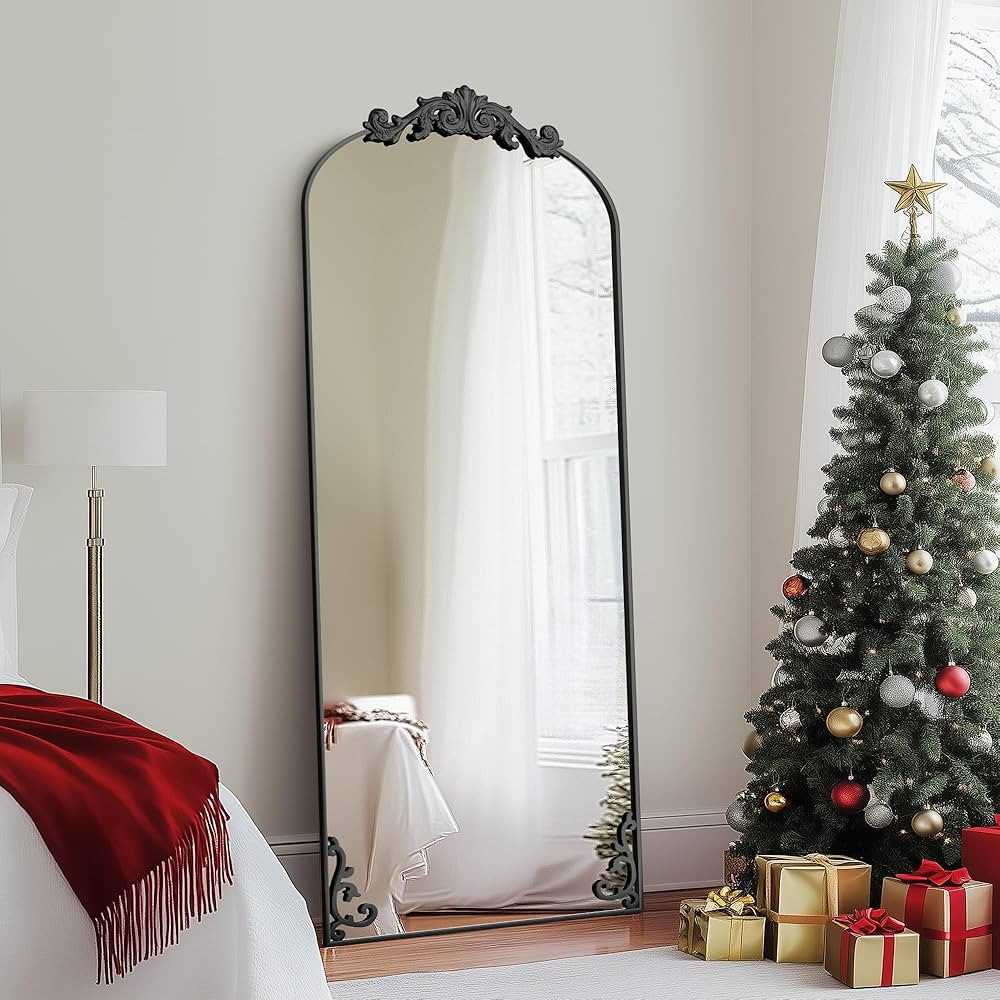 Arched Wall Mirror, Vintage Carved Frame Bathroom Mirror 24" x 55" Black Antique Metal Frame Wall... | Amazon (US)