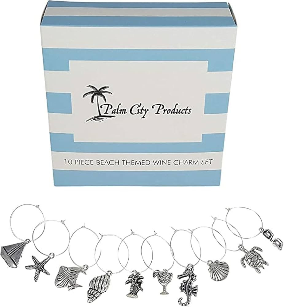 Palm City Products 10 Piece Beach Themed Wine Charm Set - Nautical Stemmed Wine Glass Charms | Amazon (US)