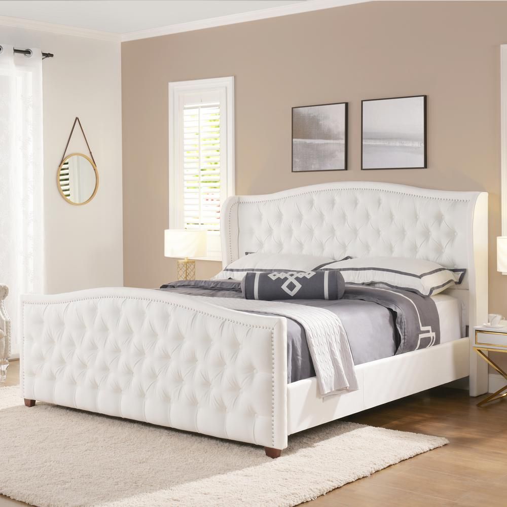 Jennifer Taylor Marcella Bright White King Upholstered Bed, Bright White Polyester | The Home Depot