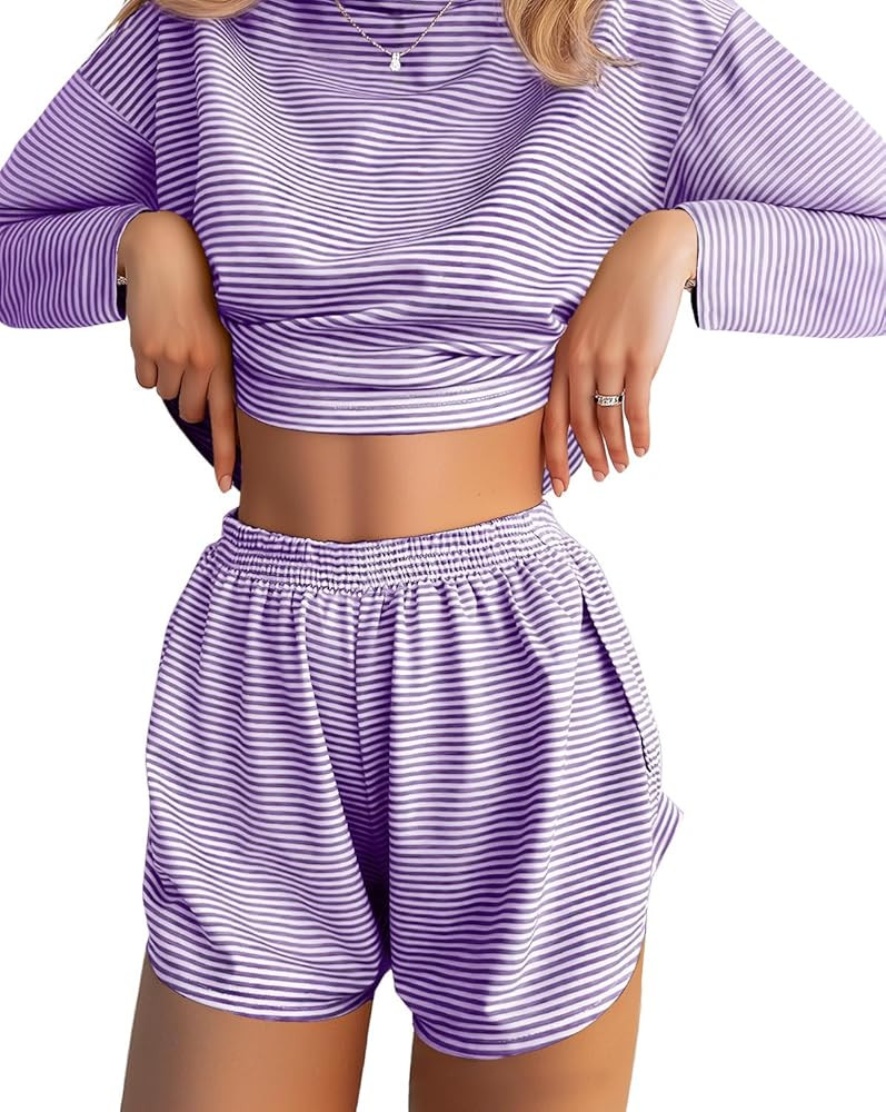 JUSTFASHIONNOW Womens Pajama Sets Striped Two Piece Lounge Sets Long Sleeve Top and Split Shorts ... | Amazon (US)